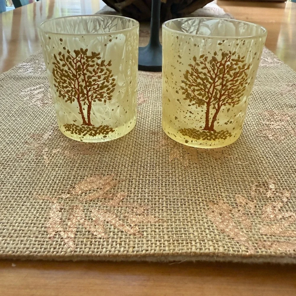 Pier 1 Votive Candle Holders Gold with Glitter Trees Set of 2 Fall Frosted Amber